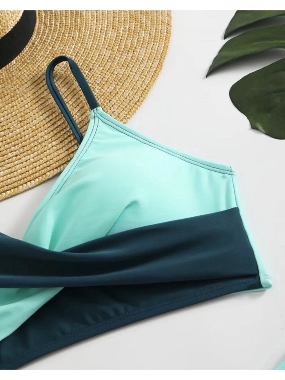 Bikini Set High Waisted Bottom & Twist Front Top Size M Green & Teal - Picture 4 of 10